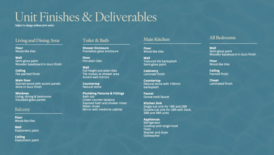 Aruga Resort and Residences unit finishes and deliverables