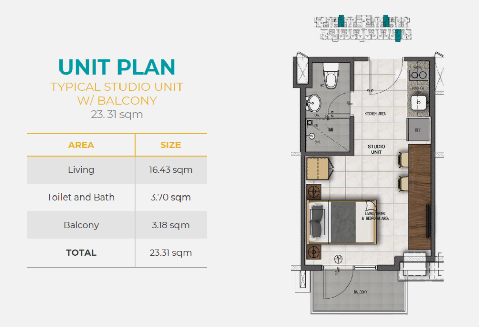 Casa Mira Towers Mandaue studio with balcony floor plan, 23.31 sqm