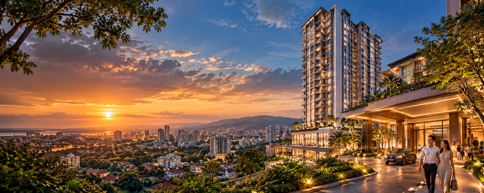 Editorial visualization for the Alto Ranudo Cebu City buyer guide, representing elevated central-city condominium living at golden hour