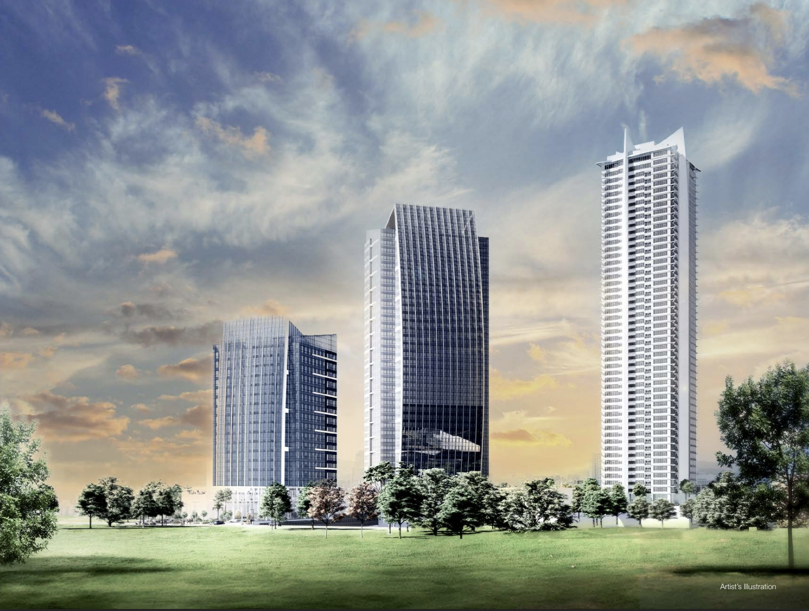 Official artist illustration of IPI Center showing the Lincoln residential tower and surrounding development in Cebu City