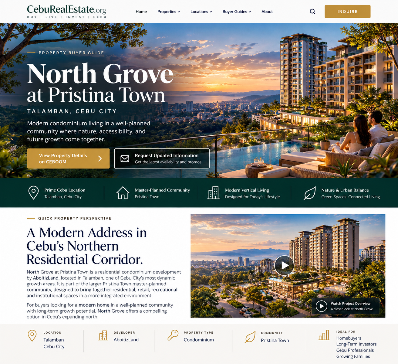 North Grove at Pristina Town buyer guide visual showing a modern condominium community in a landscaped Cebu setting
